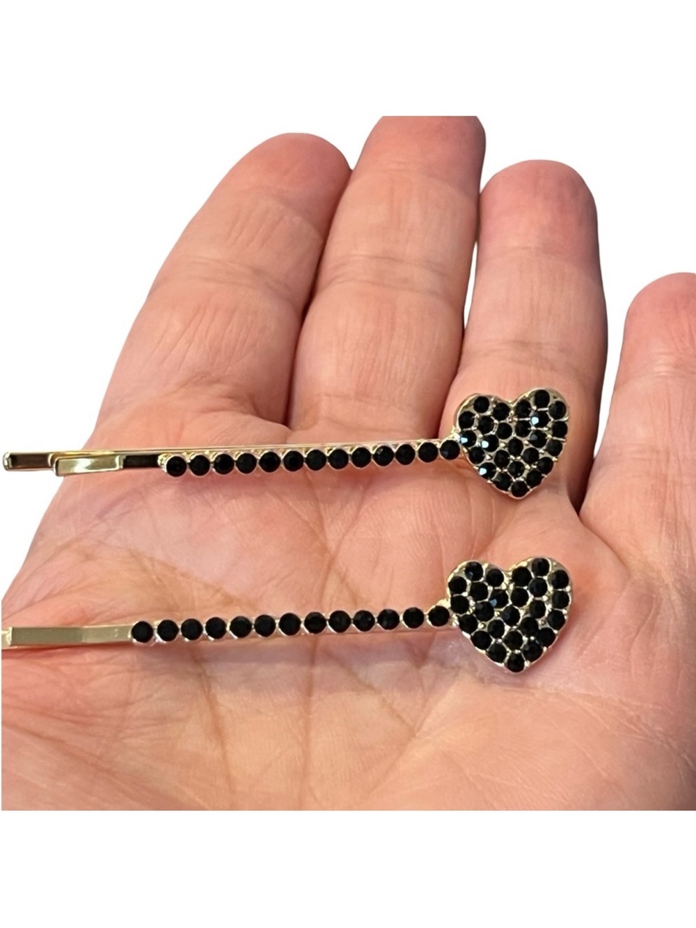 Heart-Shaped BlackCrystal Rhinestone Gold Hair Clips approx 2.5”FINAL PRICE DROP